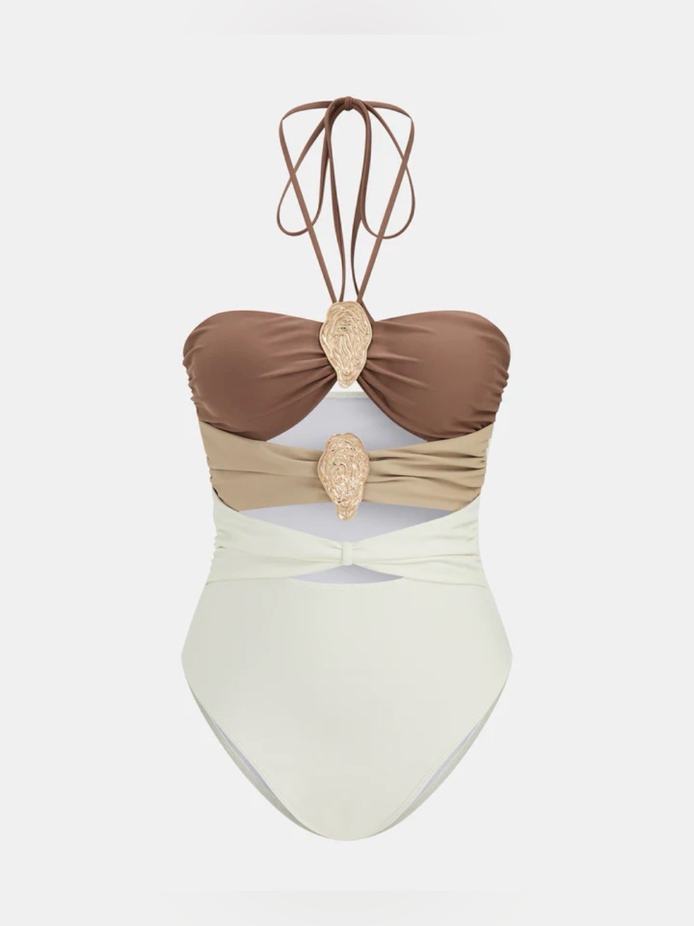 Commense Trio-Tone Halter One-Piece Swimsuit — Brown, Tan, Cream